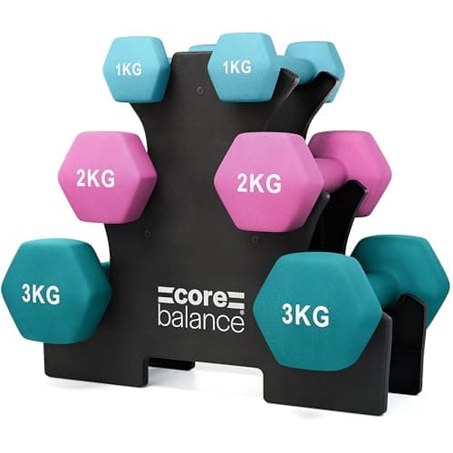 Image of Core Balance 12kg Hex Dumbbells Set with Rack, Heavy Duty Cast Iron, Sweat Resistant Neoprene, Anti Roll Hexagonal Shaped Weights, Home Fitness & Strength Training, (2 x 1kg, 2kg, 3kg)