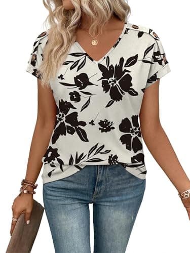 Image of XIEERDUO Womens Tops Summer Short Sleeve Shirts with Buttons V Neck Casual Tunic Blouses Black Floral Print Ladies Tops Size 10-12 for UK