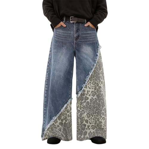 Image of Men's Leopard Print Jeans Vintage Flared Jeans Leopard Patchwork Hip Hop Style Denim Trousers Gothic Jeans with Straight Leg and Floor Length Trousers, blue, S