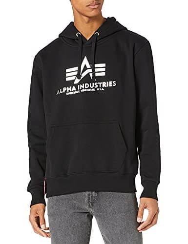 Image of Alpha Industries Basic Hoody Foil Print Hooded Sweat for Men Black/Metalsilver