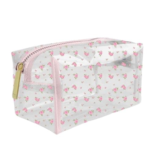 Image of The Vintage Cosmetic Company Vintage Rose Transparent Make-Up Bag, Clear Toiletry and Cosmetic Case for Women, Travel and Daily Use