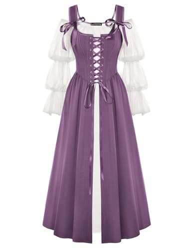 Image of SCARLET DARKNESS Women 2Pcs Renaissance Maxi Dresses Off Shoulder Long Sleeve Lace-up Irish Costume with Over Dress Purple 12