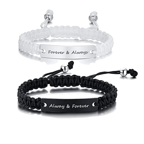 Image of PJ JEWELLERY Always & Forever Engraved Black and White Couple Bracelet Handwoven rope Braided Macrame Adjust Bracelet Slide Knot Lover Bracelet Gift for him her
