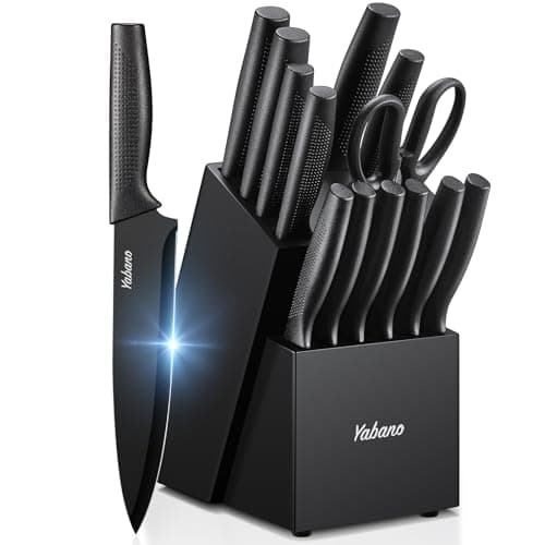 Image of Yabano Knife Block Set, 14-Piece Kitchen Knife Set with Integrated Knife Sharpener, Sharp Black Knife Set, Dishwasher Safe