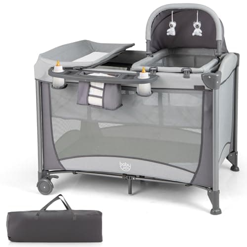 Image of COSTWAY 5 in 1 Travel Cot, Portable Baby Crib Bassinet with Mattress, Diaper Changing Table, Toys and Carry Bag, Folding Infant Playard from Newborn to Toddlers (Grey)