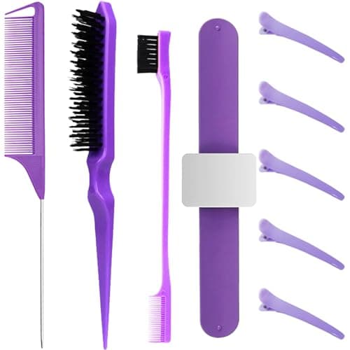 Image of 9pcs Styling Hair Brush Set, Smooth Back Hair Brush with Edge Brush, Ponytail Brush with Hair Clip, Back Comb Brush,Magnetic Slap Bracelet, for Hairdressers, Women, Babies, and Children (Purple)