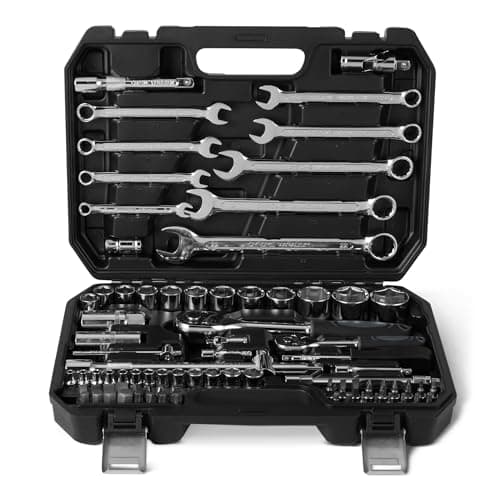 Image of Amazon Basics 82-Piece Socket Set with Ratchets, Extenders & Bits - Includes Storage Case