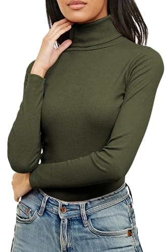 Image of Re Tech UK Ladies Plain Ribbed Cotton Polo Turtle Roll Neck Tunic Top Jumper Full Sleeve, Khaki, M/L 12-14