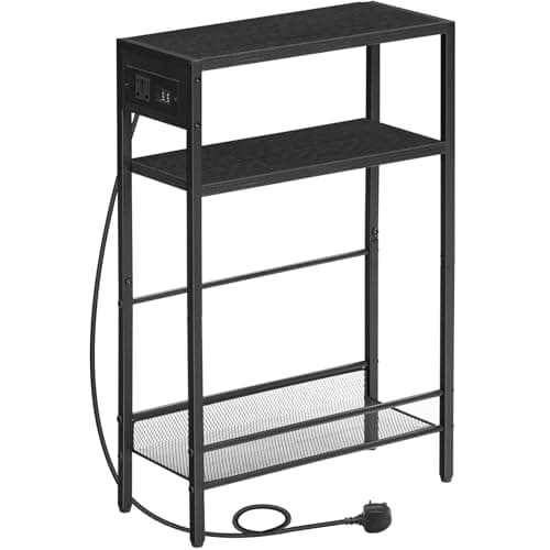 Image of HOOBRO Slim Side Table with Charging Station, Narrow Bedside Table for Small Spaces, 3-Tier End Table with USB Ports and Power Outlet, Black EBB102KBZ01