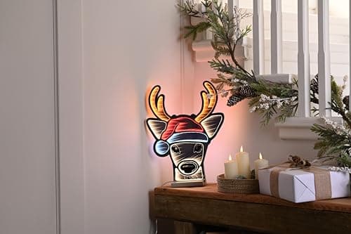 Image of Festive Productions 40cm Infinity Deer Head Light with Santa Hat – LED Christmas Decoration with Infinity Mirror Effect – Indoor Outdoor Festive Reindeer Light with Timer