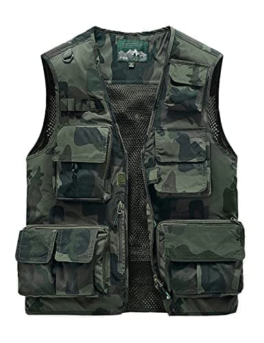 Image of Sukany Men's Leisure Outdoor Work Safari Fishing Travel Cargo Vest Jacket Photo Mesh Waistcoat Multi Pockets Camouflage Army Green 2XL