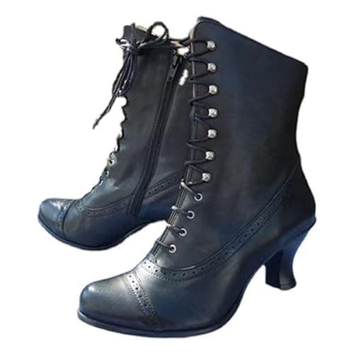Image of Lace Up Ankle Boots for Women Wide Fit Gothic Steampunk Boots Ladies High Heels Victorian Booties Outdoor Round Toe Stiletto Heel Short Boot Fashion Retro Shoes Black
