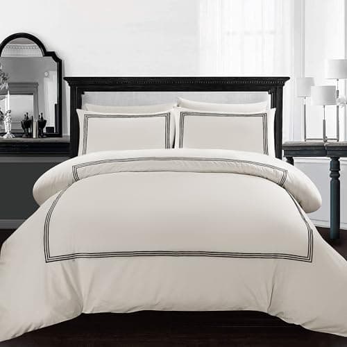 Image of AR Ware Super King Duvet Cover Set - Soft Luxury Bratta Stitch Embroidered Microfiber Duvet Sets with 2 Pillowcases - Non Iron Bedding Hotel Quality Quilt Cover (Cream/Black)