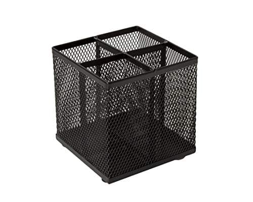 Image of OSCO Black Wiremesh Square Pen Pot, 4 Sections Pencil Holder, Desk Tidy Office Organiser, Makeup Brush Holder Cosmetics Display, Metal Mesh Organiser, H10.5 x W10 x D10 cm, Single, Black