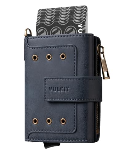 Image of VULKIT Leather Card Holder Wallet for Men RFID Blocking, ID Window, Zipper Pocket for Coins and Compartment for Bills/Banknotes, Navy Blue