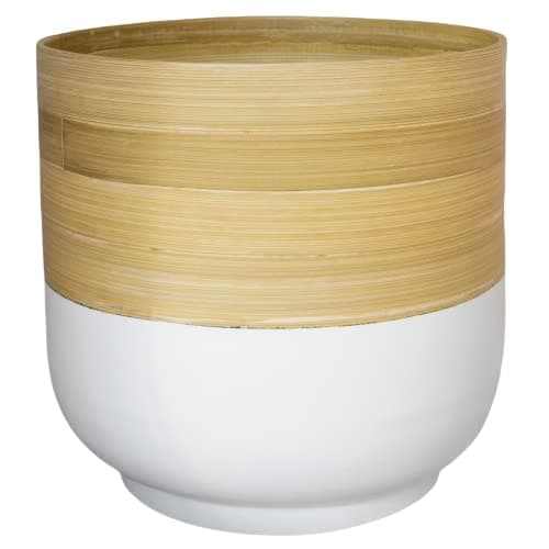 Image of Ivyline White Round Bamboo Bowl Planter - Lightweight, Stylish, Durable & Waterproof - Decorative Natural Finish Indoor Flower Pot - H20cm x D23cm