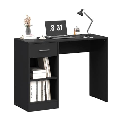 Image of Panana 1 Drawer Wooden Computer Desk Work Table Home Office PC Desk Dressing Table with Shelves for Bedroom, 100cm x 40cm (Black)