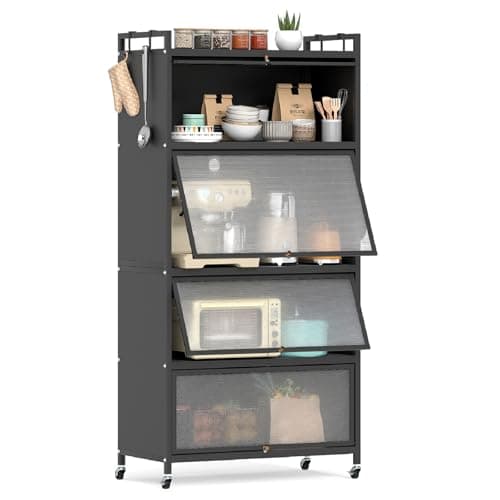 Image of GiantexUK Kitchen Storage Cabinet, Rolling Pantry Cupboard with Flip-Up Doors & Wheels, Freestanding Bakers Rack Metal Storage Shelf for Living Dining Room (Black)