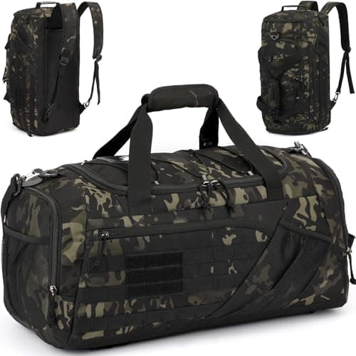 Image of TONRUYN 45L Tactical Sports Duffle Bag for Men Military Gym Bag Medium Travel Duffel Holdall Backpack with Shoe Compartment & Wet Pocket 3-in-1 Weekend Bags for Training, Camping, Hiking, Camo