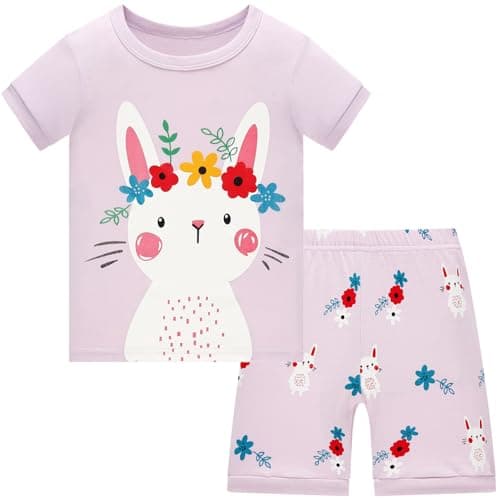 Image of Colobe Girls Pyjamas Summer Shorts Sets Bunny 100% Cotton Sleepwear Short Sleeve 2 Piece Outfit for Kids Age 7-8 Years
