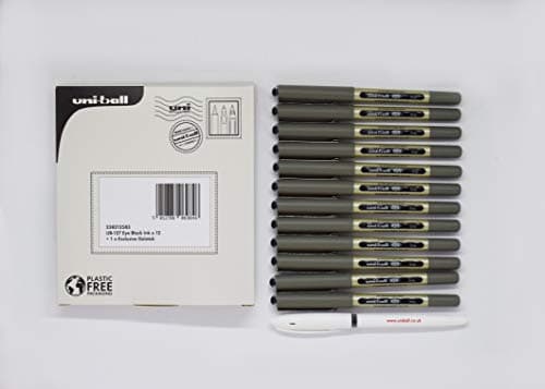 Image of uni-ball UB-157 Eye Rollerball Pens. Premium Fine 0.7mm Ballpoint Tip for Super Smooth Writing, Drawing and Colouring. Fade and Water Resistant Liquid Uni Super Ink. 12 Black + 1 Exclusive Gel Pen