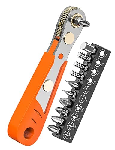 Image of Right Angle Phillips Magnetic Screwdriver, Ancable 1/4” PH2 Mini Ratchet Wrench 1/4 Inch Drive High Torque Offset Reversible Mini Ratcheting Offset Screwdriver with Screwdriver Bits Set