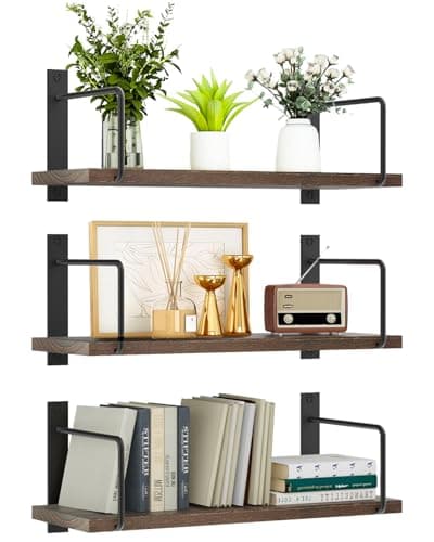 Image of TRAYINDALY Floating Shelves for Wall Set of 3, Rustic Wood Wall Shelf for Room Decor, Multi-Functional Storage & Organiser for Bedroom, Bathroom, Living Room, Kitchen, Office(Brown)