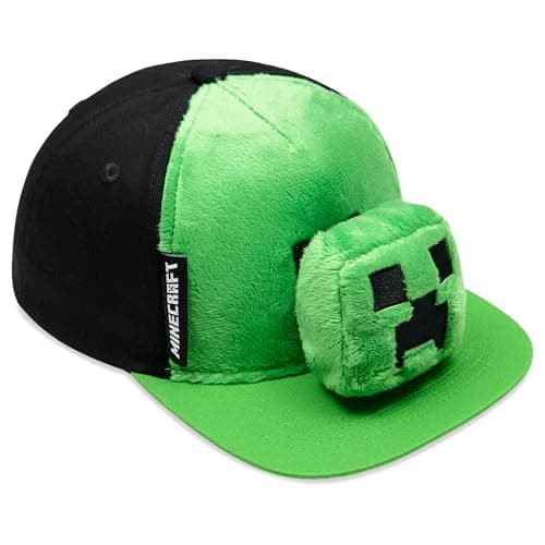 Image of Minecraft Baseball Cap Boys Peaked Sun Hat with Removable Plush Accessory Sports Holiday Essentials Gamer Gifts for Boys (Green/Black)