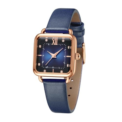 Image of SURVAN WatchDesigner Square Watches for Women Japanese Movement Ladies Fashion Dress Quartz Wristwatch Blue Square Dial Bead Nails Leather Strap Women Minimalist Watch