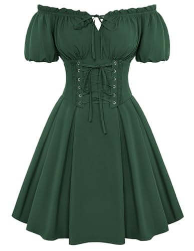 Image of SCARLET DARKNESS Women's Corset Dress Off Shoulder Short Puff Sleeve with Belt Smocked Renaissance Dress Olive Green XXL