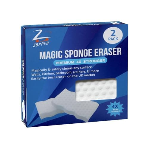 Image of ZOPPER Magic Sponge Eraser 2 Pack - Extra Durable Cleaning Pads, 4X Stronger Stain Remover for Multi-Surface Use - Wall, Kitchen, Bathroom, Shoes & More, Removes Dirt, Grime | Size 12.1x6.6x2.2cm