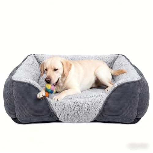Image of JOEJOY Large Dog Bed Pet Sofa Bed, Super Soft Comfy Wool Fleece Dog Bed with Striped Corduroy Design, Washable Dog Bed For Border Collie, 76x61x23cm