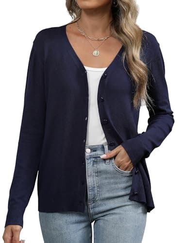 Image of Famrrifuu Cardigans for Women Lightweight Button Down Knit Sweaters Long Sleeve Spring Summer Cardigan Jumper, Blue, L