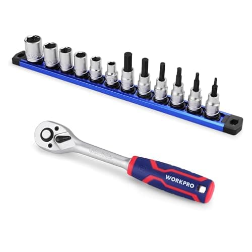 Image of WORKPRO 14-Piece 3/8" Drive Metric Sockets and Ratchet Set -Including 12 Short Sockets & Bit Sockets, 72 Teeth Ratchet Wrench Set with Magnetic Socket Rail for Home Repair