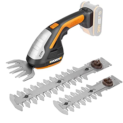 Image of WORX WG801E.9 - Cordless Grass and Shrub Shears 20 V PowerShare, 3-in-1 Scissors with Various Knife Attachments - 20 cm Scissors, 12 cm Shrub Trimmer, 10 cm Grass Knife - Without Battery and Charger