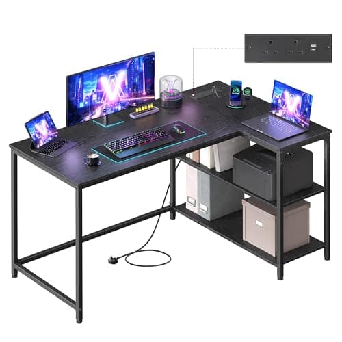 Image of VASAGLE L Shaped Corner Desk, Computer Gaming Desk with Storage, Reversible Height-Adjustable Shelves, for Home Office, with Power Outlets 2 USB Ports, 120 x 80 cm, Ebony Black LWD132BE02