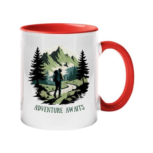 Image of Excudo Trade LTD Adventure Awaits Color Mug Scenic Hiking Coffee Cup with Mountain Trail Design Motivational Gift for Backpackers Campers Nature Explorers and Outdoor Lovers Color Ceramic Mug - Red