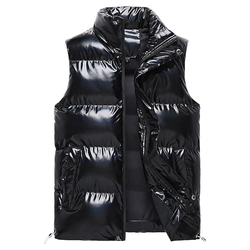 Image of SWJGLITTR Men's Windproof Winter Vest Metallic Shiny Padded Waterproof Outdoor Vest Stand Collar Small Sleeveless Jacket, Black, 3XL