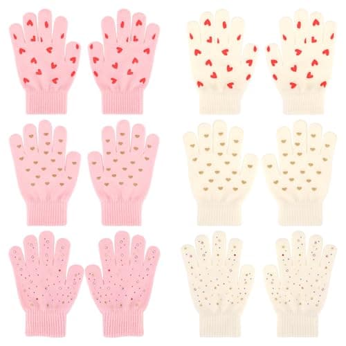 Image of QKURT 6 Pairs Kids Magic Gloves, Winter Warm Knit Stretchy Full Finger Thermal Gloves with Colorful Rhinestone and Heart Printed for 5-13 Years Old Boys Girls