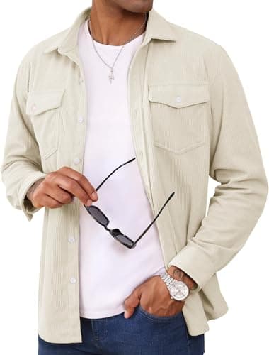 Image of MAGCOMSEN Men Shacket Button Down Smart Autumn Coats Regular Fit Corduroy Jacket with Flap Pockets Beige White