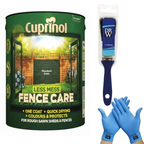 Image of Cuprinol Less Mess Woodland Green Fence Care Stain 6L + Free 4 Inch Fence Paint Brush & Nitrile Gloves – One‑Coat Coverage, Quick Drying, Rich Colour & Low Odour