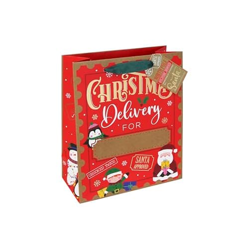 Image of Eurowrap Christmas Delivery Medium Gift Bag with Personalised Stickers – Festive Santa & Penguin Design – Green Ribbon Handle – Recyclable Paper Bag for Xmas Presents