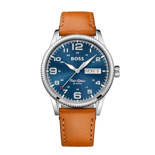 Image of BOSS Analogue Quartz Watch for Men PILOT VINTAGE Collection with Light Brown Leather Strap - 1513331