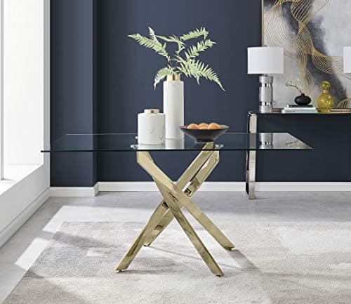 Image of Furniturebox UK Glass Dining Table - Leonardo 6 Seater Gold Leg Rectangular Tempered Glass & Metal Modern Stylish Dining Table 150cm x 90cm