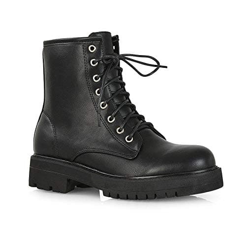 Image of ESSEX GLAM Womens Ankle Boots Ladies Lace Up Chunky Sole Casual Black Faux Leather Winter Biker Combat Booties Size 5