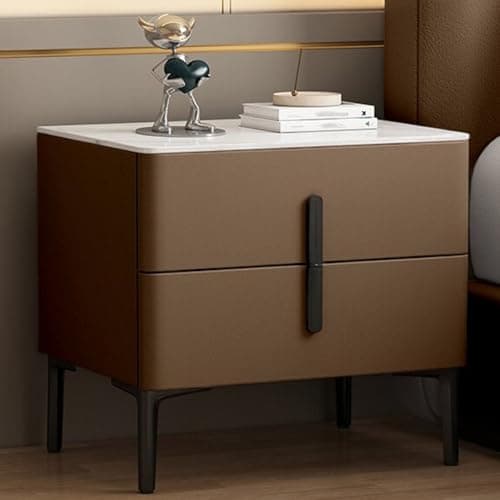 Image of Wooden Bedside Table with High Legs, Modern Nightstand with 2 Drawers, Easy to Clean Bed End Table with Rock Board Top, Leather Finish for Stylish Bedroom Decor