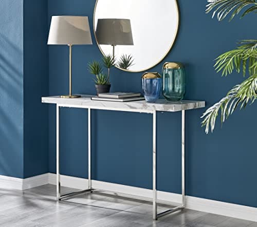 Image of Furniturebox UK Kylo White Marble Effect High Gloss Rectangular Console Table with U-Shape Silver Chrome Legs, Stylish Hallway Console Side Unit