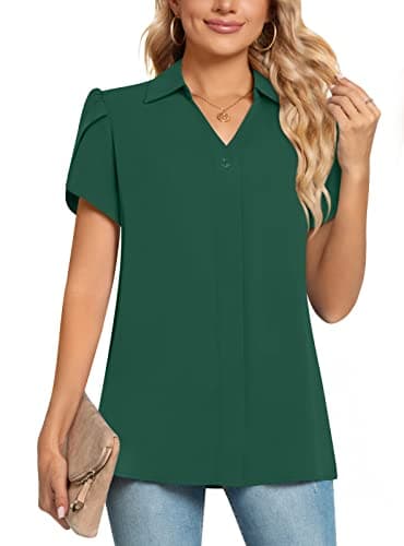 Image of POPYOUNG Ladies Tops Chiffon Blouse Business Tunic Petal Short Sleeve Office Shirts for Work L, Dark Green