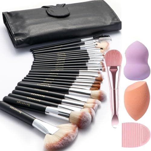 Image of NEVSETPO Makeup Brushes, Quality Make Up Brushes 28Pcs Makeup Brushes Set Professional & Beginner Make-up Sets & Case, Brushes & Sponges,Travel-Friendly Roll-up Beauty Gift Sets for Women, BLACK