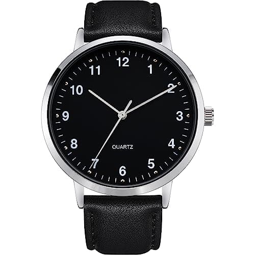 Image of NUOVO Leather Wrist Watch Classic Modern Classic Quartz Watch Easy Read Mens Minimalist Business Casual Watch, Black/White, Casual Dress